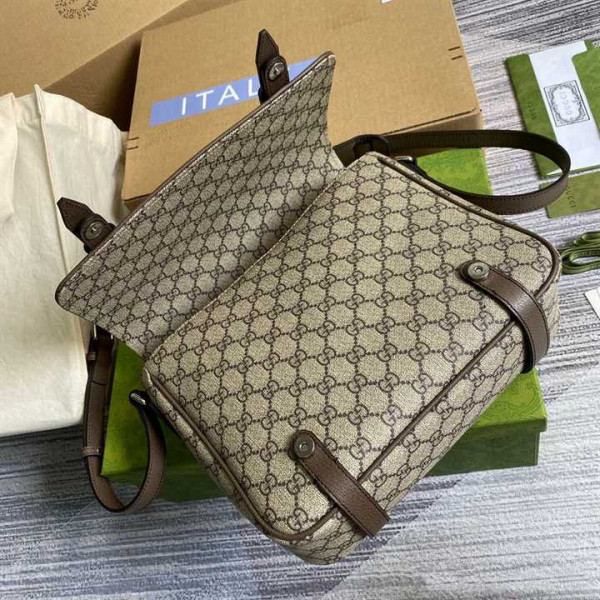 GUCCI MESSENGER BAG BEIGE/EBONY GG SUPREME CANVAS BROWN LEATHER TRIM